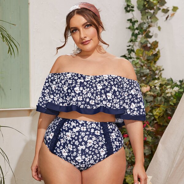 

Plus Ditsy Floral Flounce Bardot Bikini Swimsuit, Blue and white