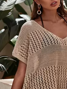 Swim Vcay Fishnet Overlay Split Cover Up,Summer Beach - Khaki - View 3