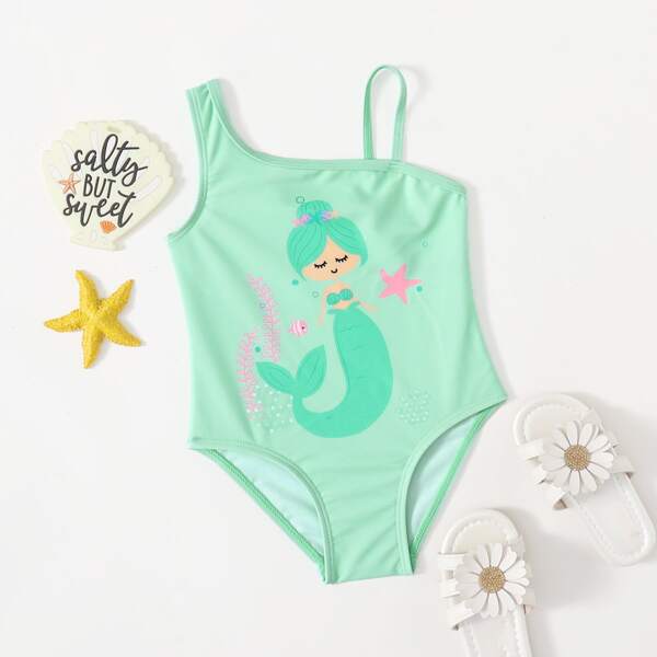 

Toddler Girls Mermaid Print One Piece Swimsuit, Mint blue
