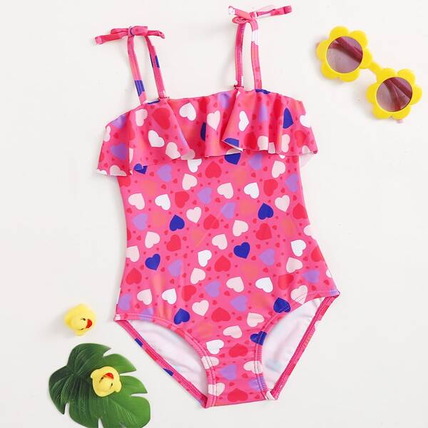 

Baby Girl Heart Print Flounce One Piece Swimsuit, Hot pink
