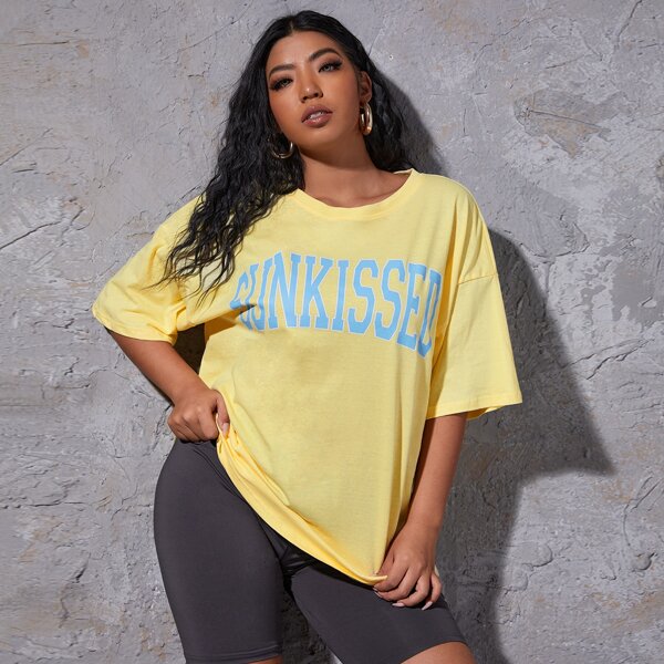 

Plus Drop Shoulder Letter Graphic Oversized Tee, Yellow