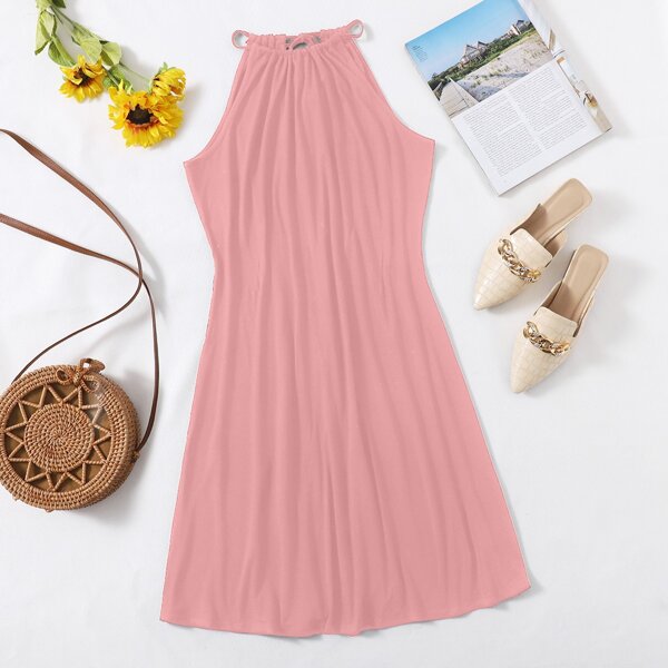

Plus Tie Back Solid Halter Dress, Baby pink