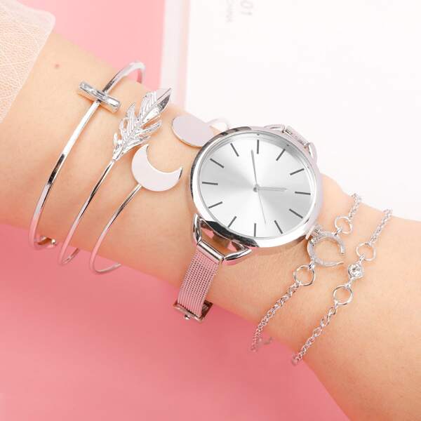 

1pc Mesh Strap Round Pointer Quartz Watch & 5pcs Bracelet