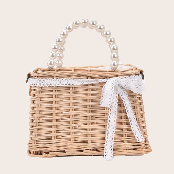 

Bow Decor Faux Pearl Handle Straw Bag, Apricot