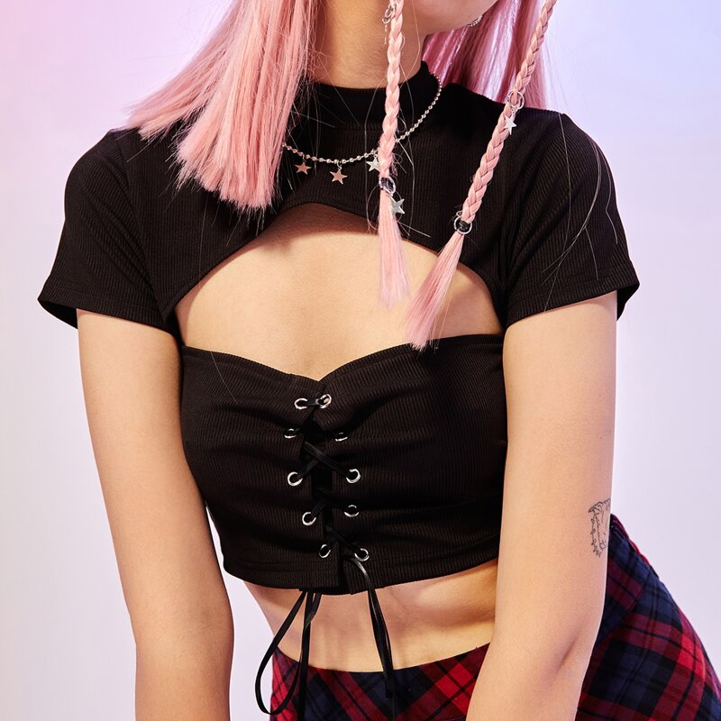 

Solid Lace Up Cut Out Top, Black