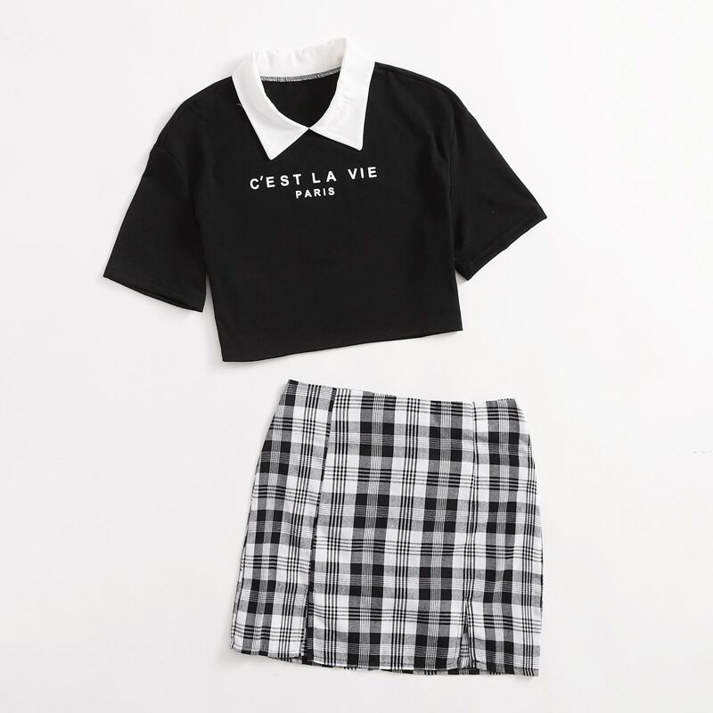 

Letter Collar Crop Tee & Plaid Split Skirt, Black and white
