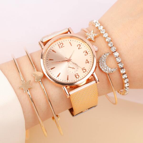 

1pc Round Pointer Quartz Watch & 4pcs Bracelet