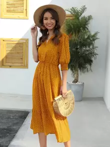 SHEIN Clasi Polka Dot Puff Sleeve Ruffle Hem A-line Dress - Mustard Yellow - View 1