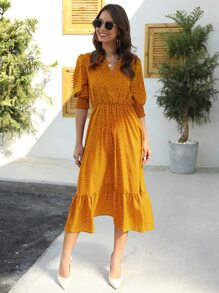 SHEIN Clasi Polka Dot Puff Sleeve Ruffle Hem A-line Dress - Mustard Yellow - View 3