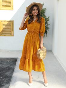 SHEIN Clasi Polka Dot Puff Sleeve Ruffle Hem A-line Dress - Mustard Yellow - View 4