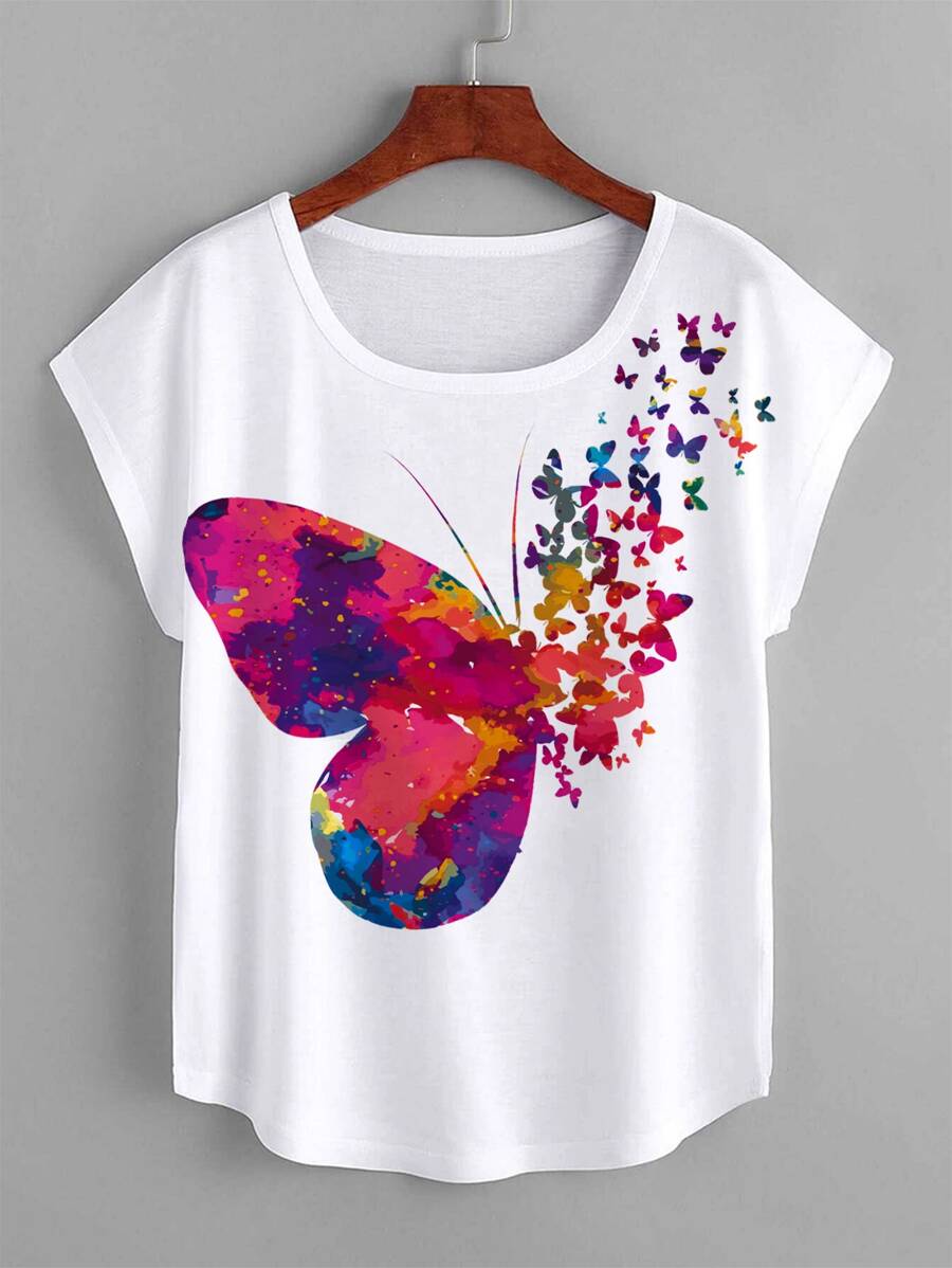 SHEIN LUNE 蝴蝶印花蝙蝠袖 T 恤