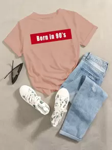 SHEIN Unity Camiseta con estampado de letra de manga corta - Rosa vieja - Ver 1