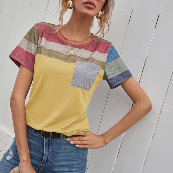 

Striped Panel Pocket Patched Tee, Yellow