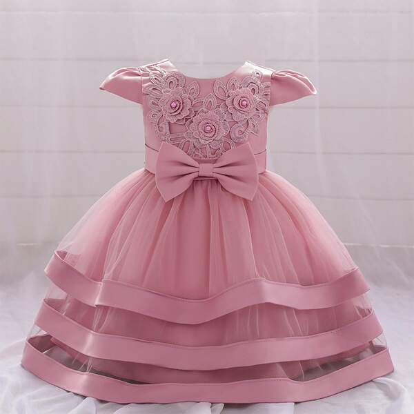 

Baby Girl Bow Front Layered Gown Dress, Dusty pink