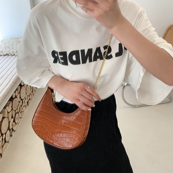 

Croc Embossed Chain Bag, Brown