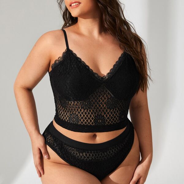 

Plus Floral Lace Longline Lingerie Set, Black