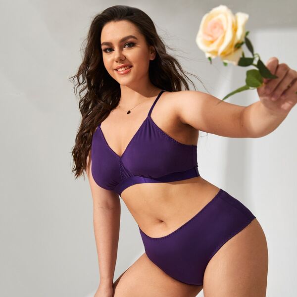 

Plus Contrast Lace Lingerie Set, Purple