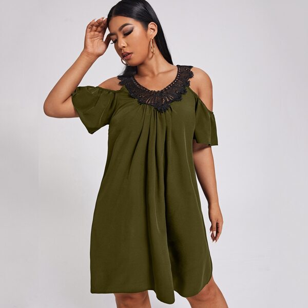 

Plus Contrast Lace Cold Shoulder Tunic Dress, Olive green