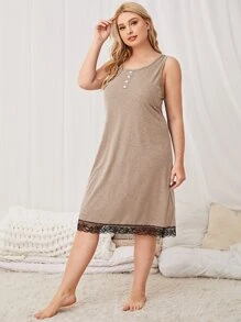 Plus Contrast Lace Nightdress - Camel - View 1