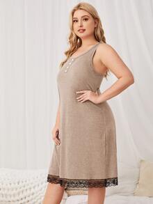Plus Contrast Lace Nightdress - Camel - View 3