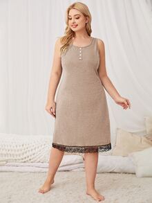 Plus Contrast Lace Nightdress - Camel - View 5