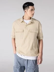 Men Solid Polo Collar Shirt - Khaki - View 1