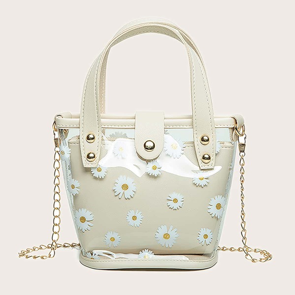 

Clear Floral Graphic Satchel Bag With Inner Pouch, Beige