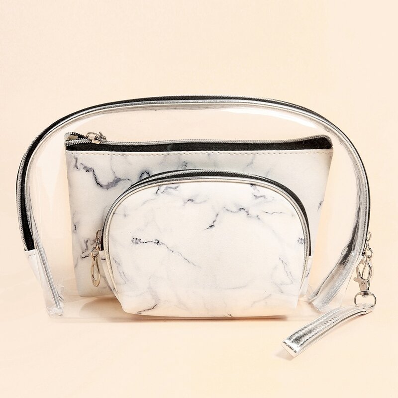 

3pcs Marble Pattern Roundtop Makeup Bag, Multicolor
