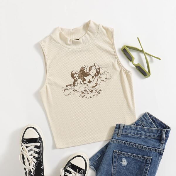 

Angel Print Crop Tank Top, Apricot