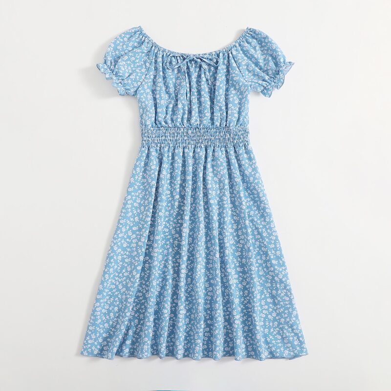 

Ditsy Floral Shirred Dress, Blue