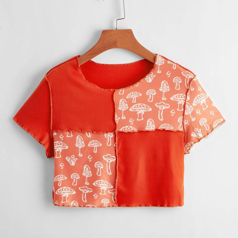 

Contrast Mushroom Graphic Ribbed Tee, Orange