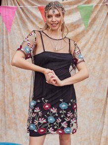 SHEIN Plus Sheer Floral Embroidery Mesh Dress Without Lining - Black - View 5