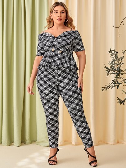SHEIN Plus Cold Shoulder Plaid Peplum Top & Pants Set