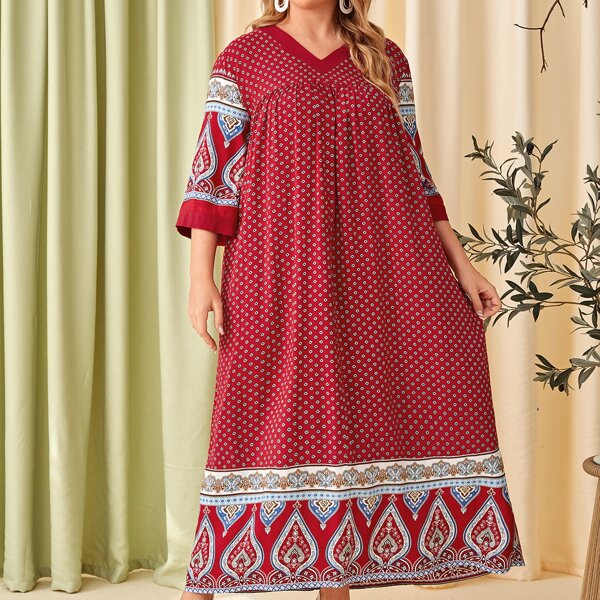 

Plus Paisley Print V-neck Dress, Burgundy