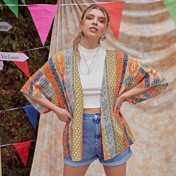 

Plus Mixed Print Kimono, Multicolor