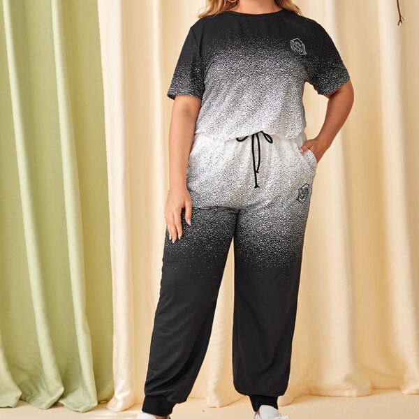 

Plus Letter Graphic Ombre Top & Joggers Set, Black and white