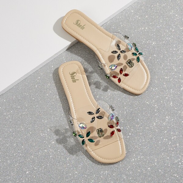 

Clear Rhinestone Decor Slide Sandals