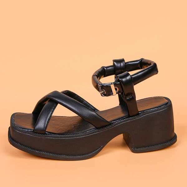 

Cross Strap Chunky Heeled Platform Sandals, Black