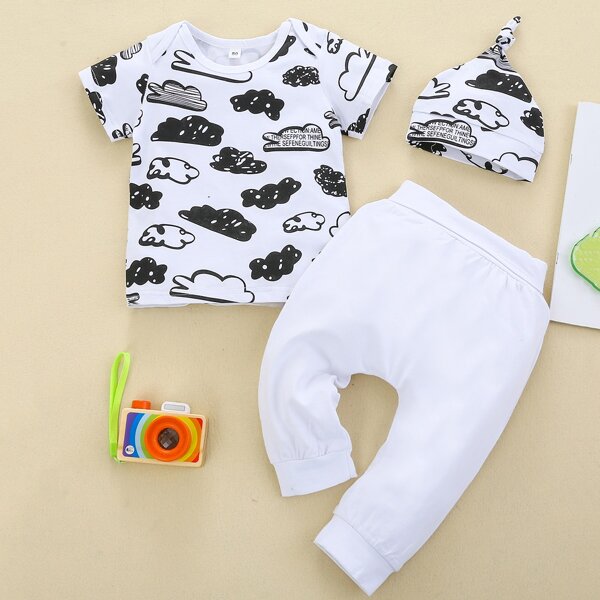 

Baby Boy Letter Graphic Tee & Sweatpants & Hat, White