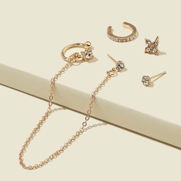 

4pcs Rhinestone Decor Earrings Set, Gold