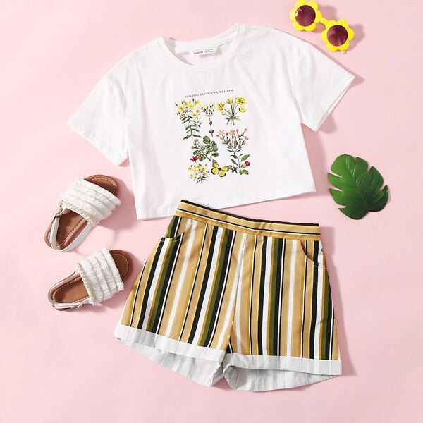 

Girls Floral & Letter Graphic Tee And Striped Shorts Set, Multicolor