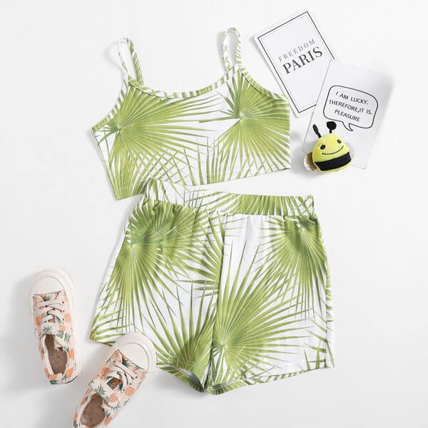 

Girls Plants Print Cami Top & Biker Shorts Set, Multicolor