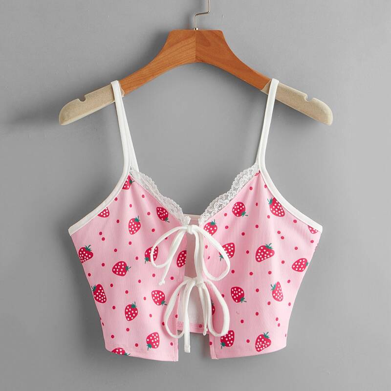 

Strawberry Graphic Tie Front Crop Cami, Pink