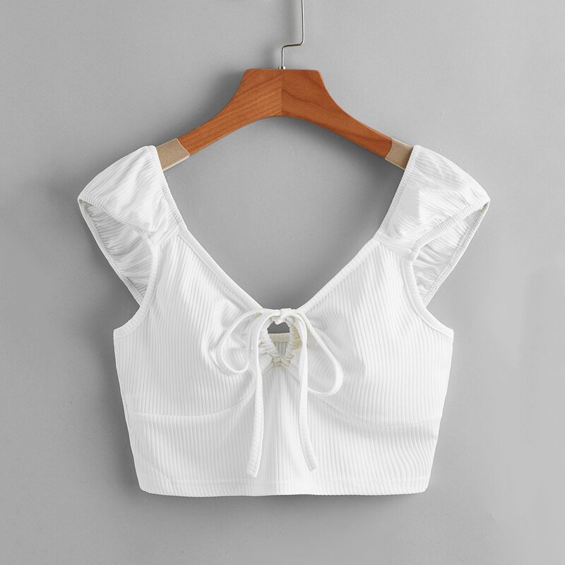 

Solid Tie Front Ribbed Tank Top, White