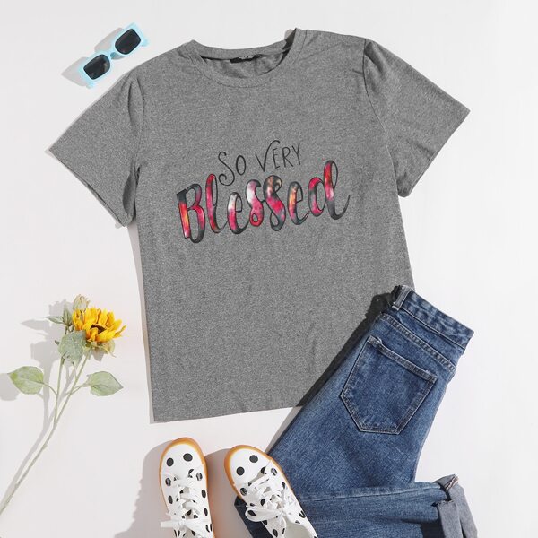 

Plus Slogan Graphic Round Neck Tee, Grey