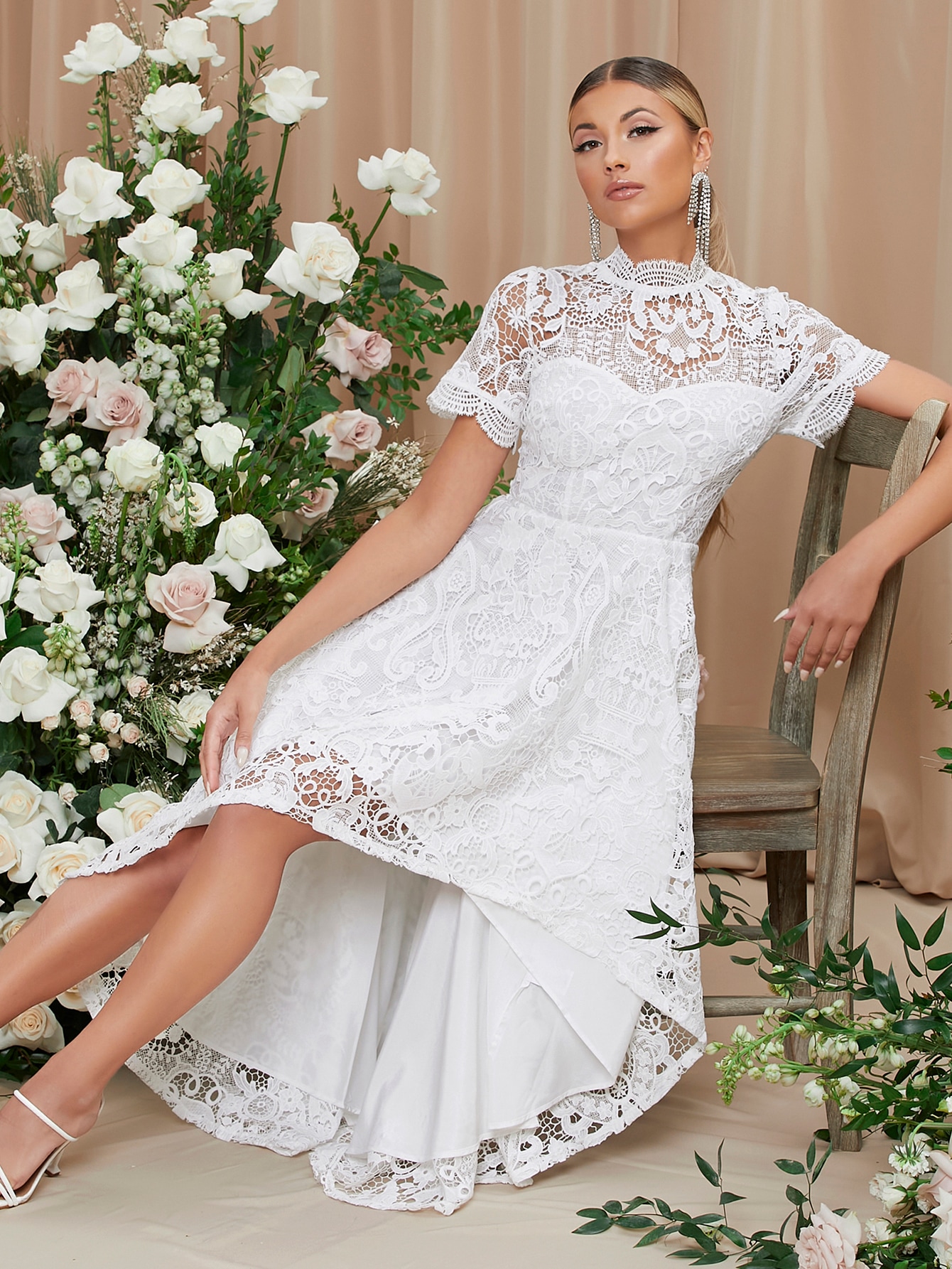 Our High Low Mock Neck Lace Yoke Dress is such a vibe - ROMWE