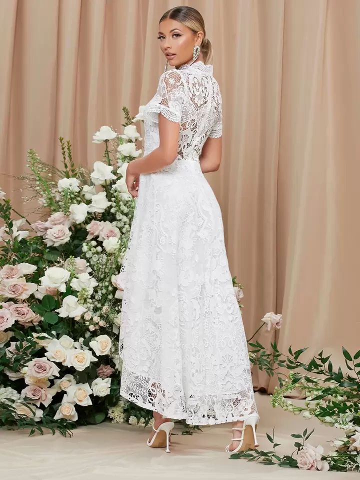 Our High Low Mock Neck Lace Yoke Dress is such a vibe - ROMWE