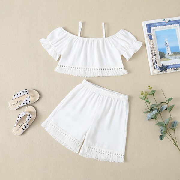 

Toddler Girls Tassel Hem Top And Shorts, White