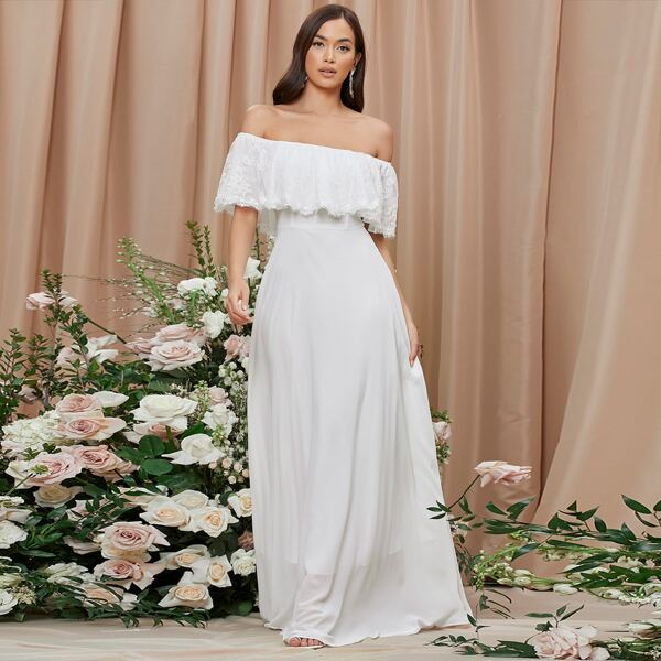 

Lace Fold Off Shoulder Prom Dress, White
