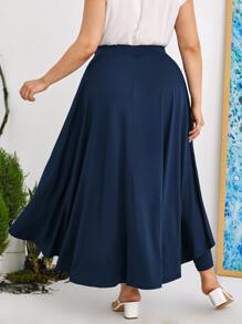 Plus High Waist Long Palazzo Overlay Skirt Pants - Navy Blue - View 2
